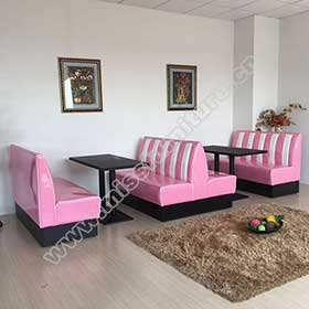 Fifties style retro pinke and white double side American diner booths seating with black tables furniture set