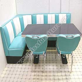 Durable restaurant turquoise and white L shape fifties retro diner Bel Air booth sofas and diner table set furniture