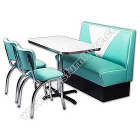 Whoelsale blue PU leather V back with piping 1950's retro diner booth seating with diner table, chrome diner chair set