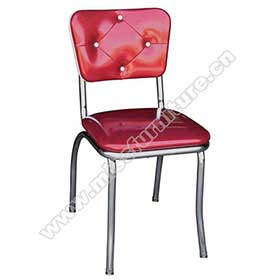 Glossy red vinyl thin seat with 4 button backrest retro dining room chair, stainless steel american style 50's retro dining room chairs