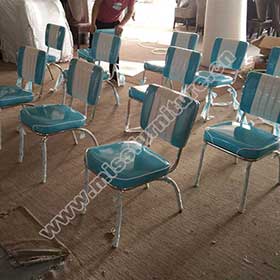 Gloss turquoise vinyl fast food room 1950s style retro chrome chairs, steel frame with gloss turquoise leather retro 1950s fast food chairs