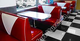 Back to back double side 4 seat V backrest midcentury 1950s style retro diner booth seating with table set, doubleside red retro 50s diner table and booth seating set M-8150-1950s retro diner booth table set M-8150