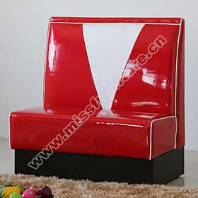 High backrest V back vintage retro fast food booth sofas, gloss red leather with black fireproof footer fast food room retro 50s booth sofas