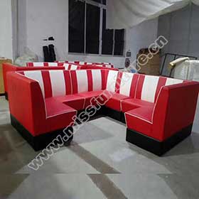 Midcentury 1950's style red and white retro corner booth couches, red colour stripe back U shape retro diner corner booth couches