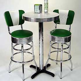 High quality V back green and white PU leather chrome american diner bar chairs and table set, chrome retro diner bar chairs and table set-1950s american retro bar set M-8602