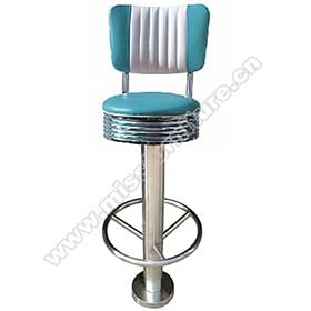 Colorful turquoise/yellow leather 65/75cm round seater height cafeteria retro barstools, fixed to floor with screws chrome retro cafeteria bar stools