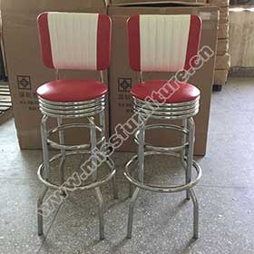 1950s american retro bar chair M-8837-Steel red and white round american style retro 50s bar stools, dining room stainless steel red stripe back round 1950s retro bar stools chairs