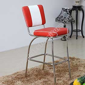 Red and white leather stripe back with piping american 50s bar chairs, red colour stainless steel frame midcentury american bar chairs furniture