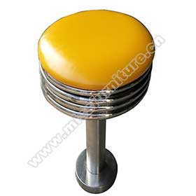 1950s american retro bar chair M-8834-Yellow stainless steel short 1950s style cafeteria round retro bar stools, 25.5inch height steel frame fixed to floor round retro 50s bar stools