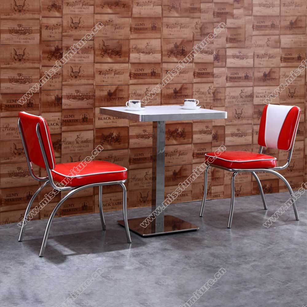 Durable high gloss red leather V back with piping restaurant 50s american diner chairs with square table set furniture