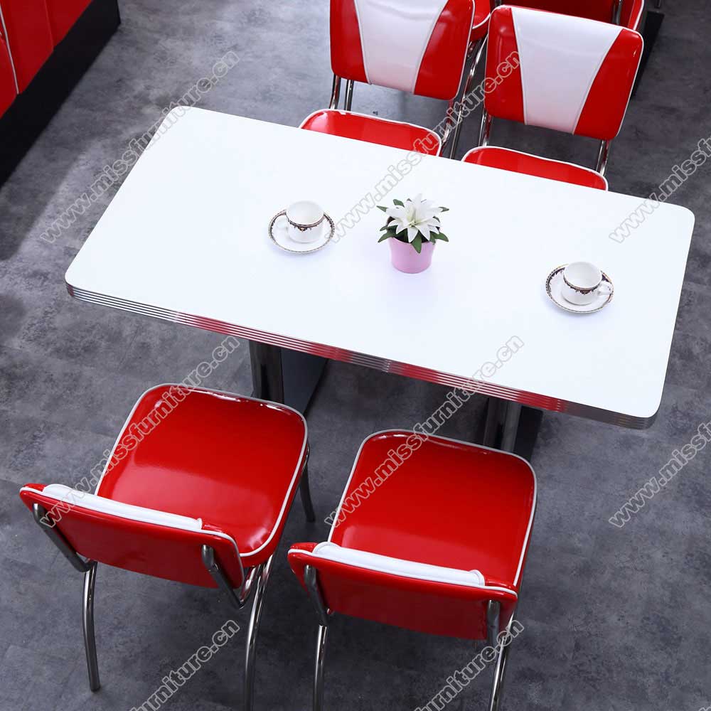 Durable blue and white PU leather V back 1950s style chrome retro fast food steel chairs, V back 1950's fast food red chrome chairs for sale, American 1950s style retro diner chair furniture M-8331