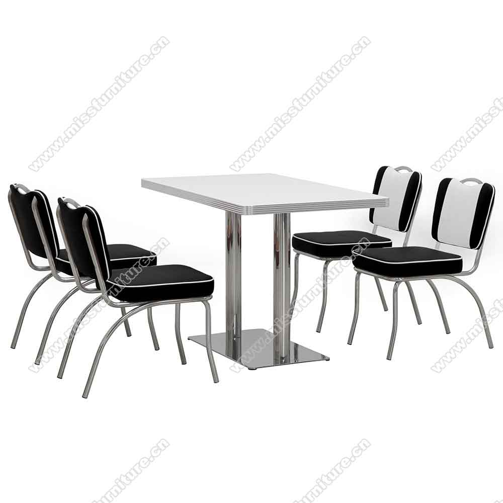 Black and white leather restaurant steel retro 50s dining chairs, stainless steel frame with handle back black leather 50s retro dining chairs, American 1950s style retro diner chair furniture M-8365