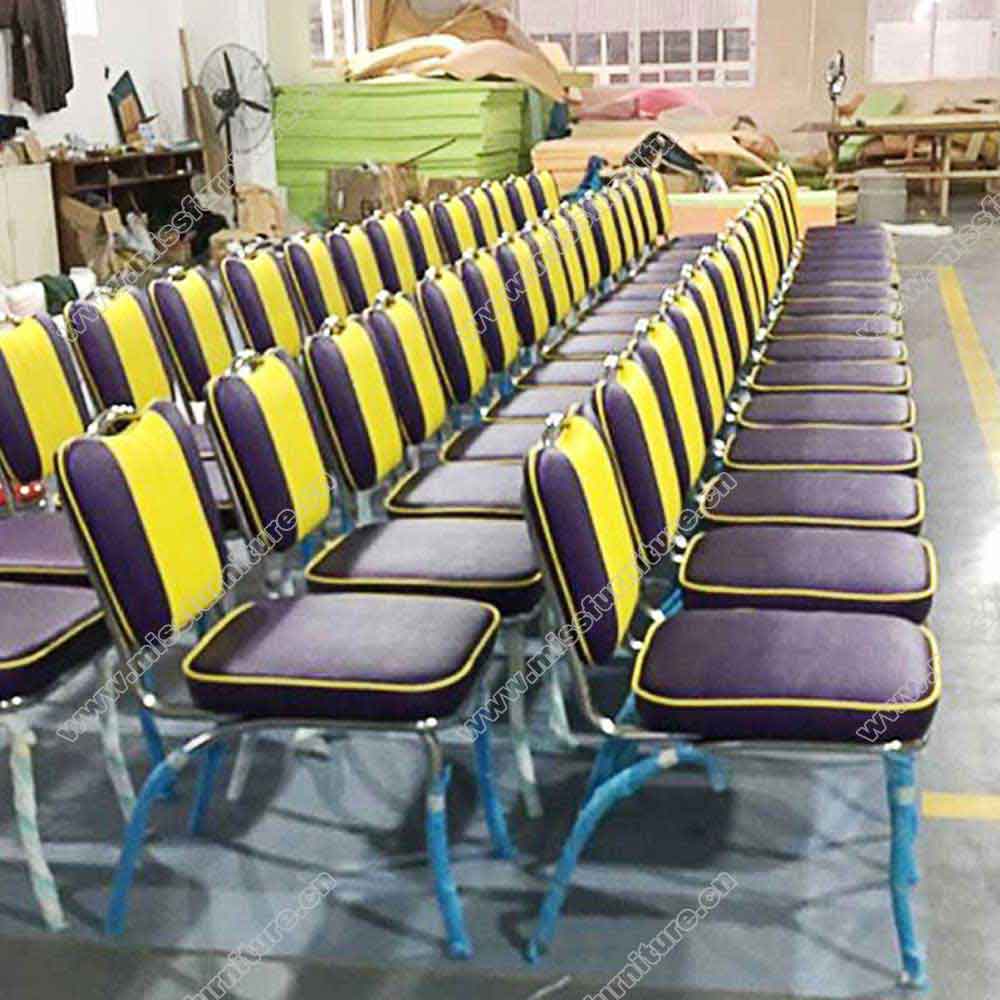 Midcentury american style 1950's retro diner chairs, purple and yellow leather with back handle 50s diner chairs gallery