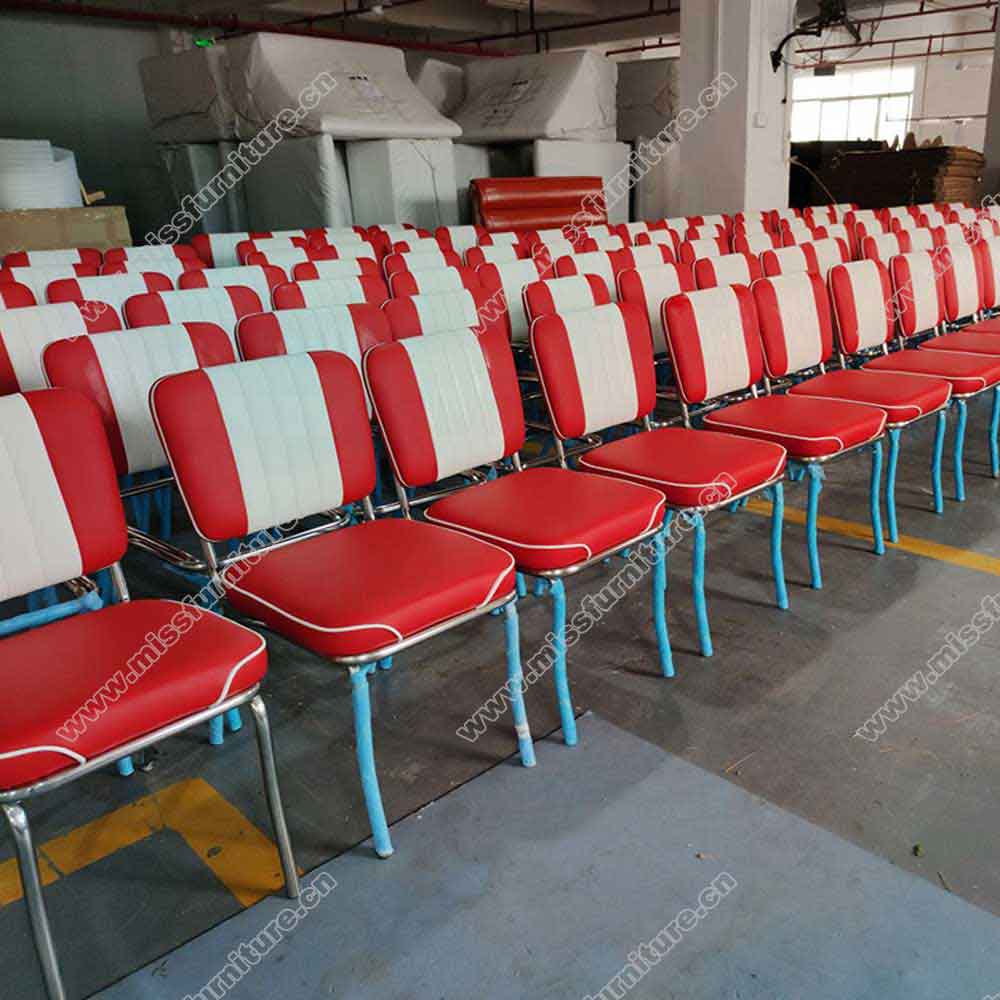 High gloss stainless steel red leather with thick seat 1950's retro kitchen chairs, stripe back red color chrome american 1950 kitchen chairs, American 1950s style retro diner chair furniture M-8316