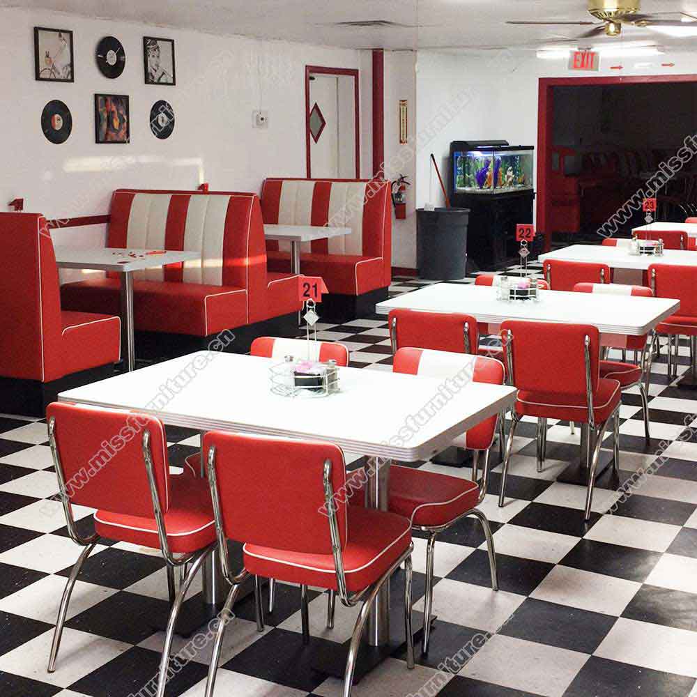 Classic red and white american retro diner booth sofas and table set, retro diner chairs and table set furniture gallery