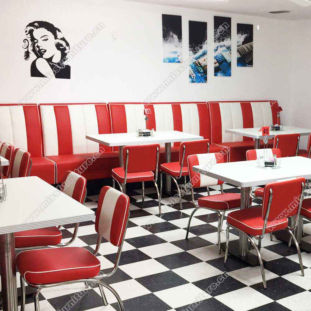 Red and white stripe backrest vintage american style retro 50s dining room chairs and table set, red leather 1950s style american retro dining table and chairs set, American 1950s retro diner chairs and table set M-8195