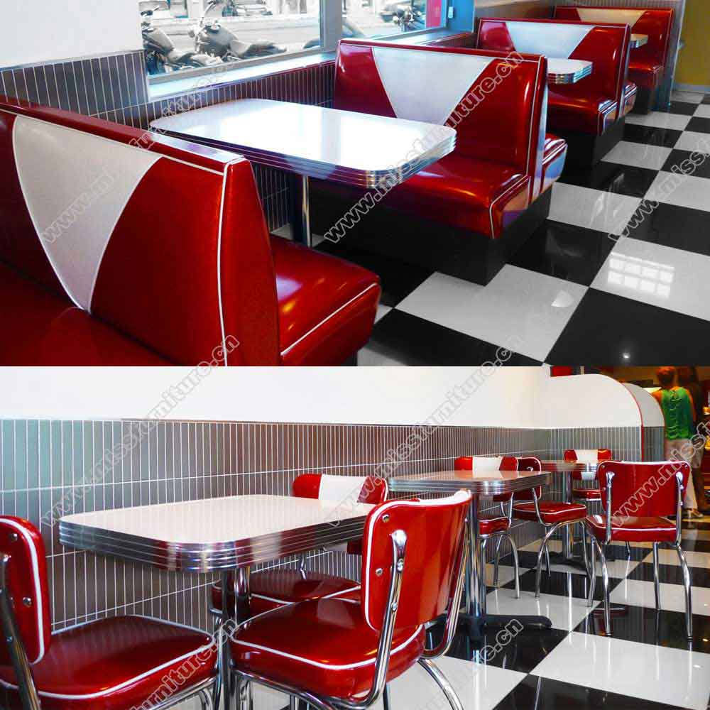 Back to back double side 4 seat V backrest midcentury 1950s style retro diner booth seating with table set, doubleside red retro 50s diner table and booth seating set, American 1950s retro diner booth seating and table set M-8150