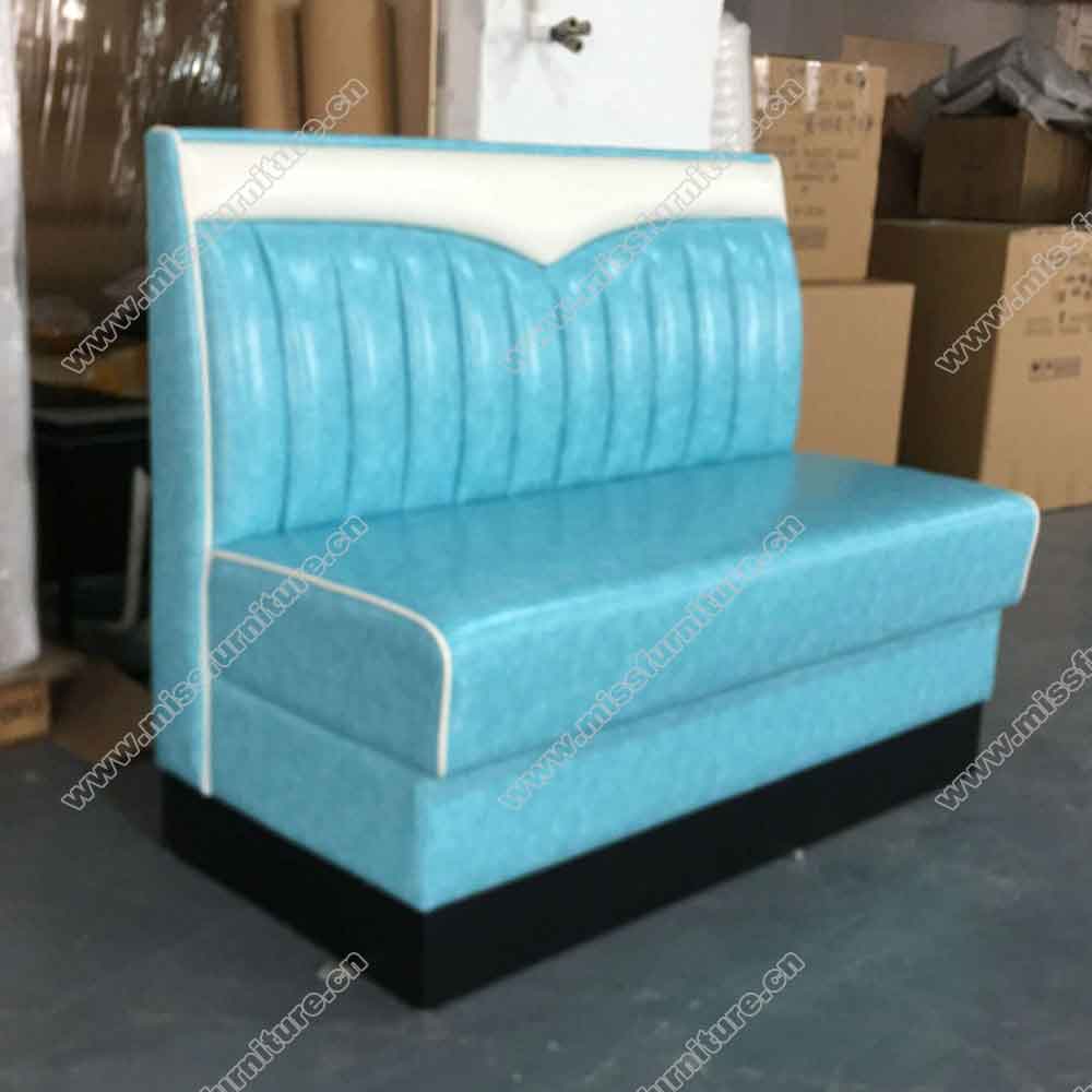 Turquoise wave top and seat piping american 60s retro dinette booths, white wave top back 60s retro american booth seating furniture, American 1950s style retro diner booth seating furniture M-8529