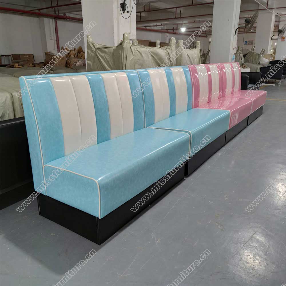 Hot sale american diner light blue/pink leather color with black fireproof footer retro diner booth seating gallery