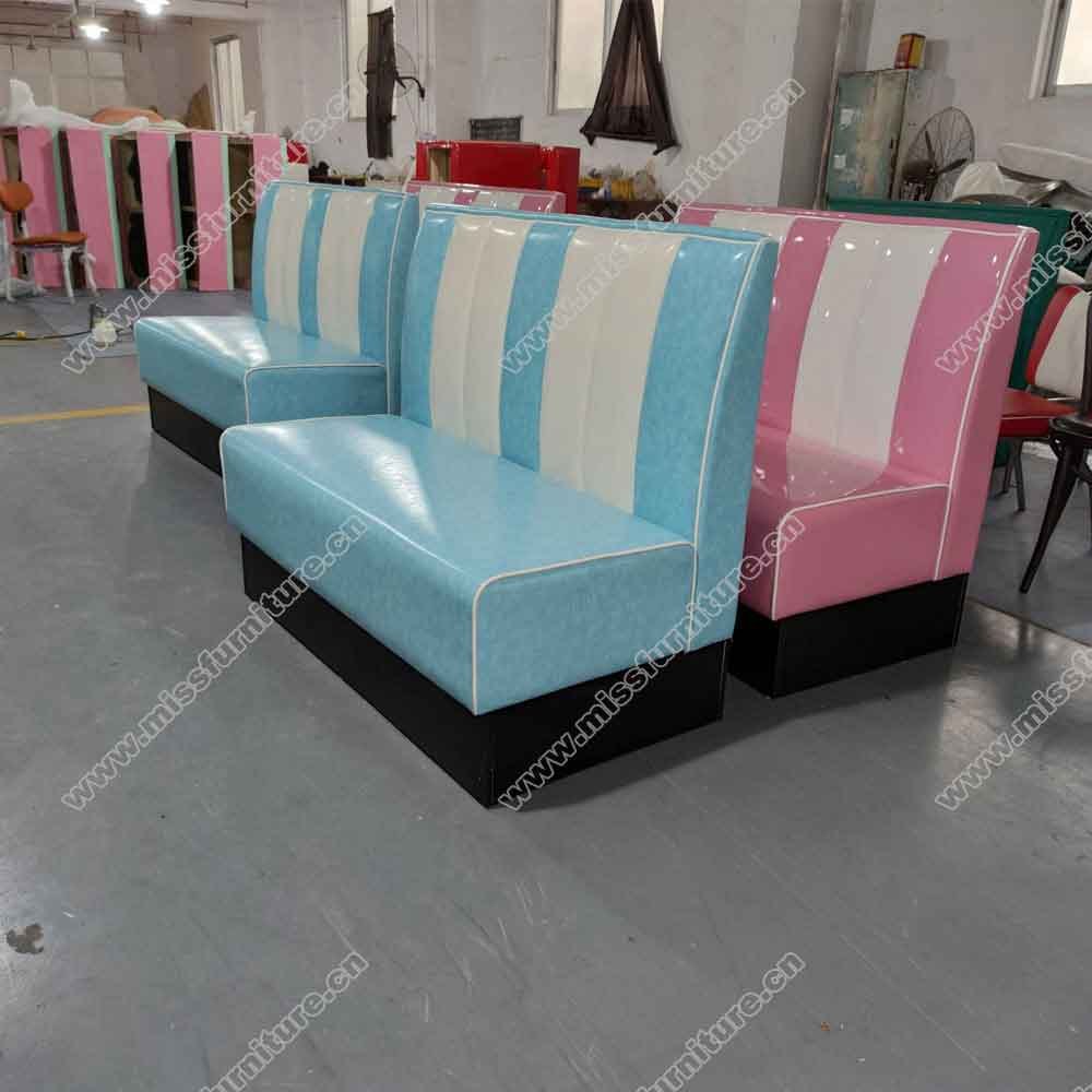 High quality turquoise color thick seating restaurant retro diner booth sofas, stripe back midcentury american restaurant retro booth sofas,American 1950s style retro diner booth seating furniture M-8502