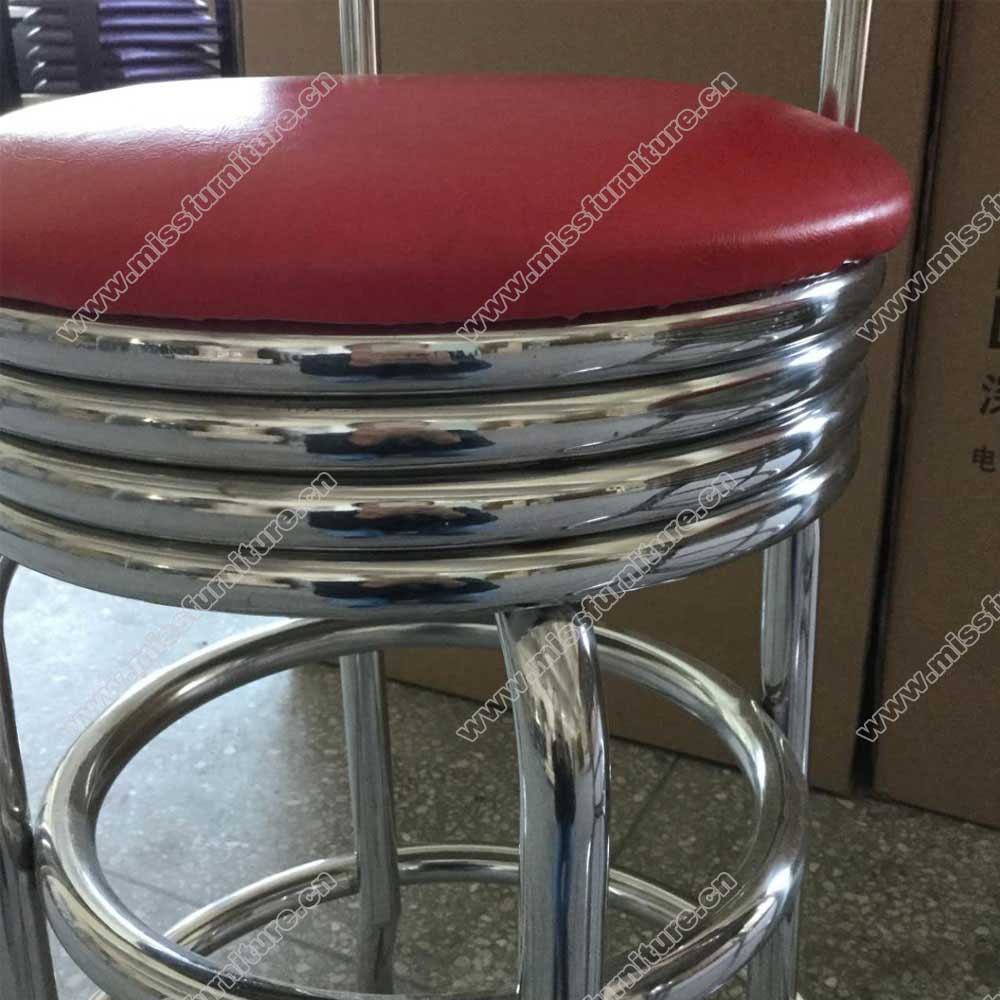 Steel red and white round american style retro 50s bar stools, dining room stainless steel red stripe back round 1950s retro bar stools chairs, American 1950s style retro diner bar stools furniture M-8837