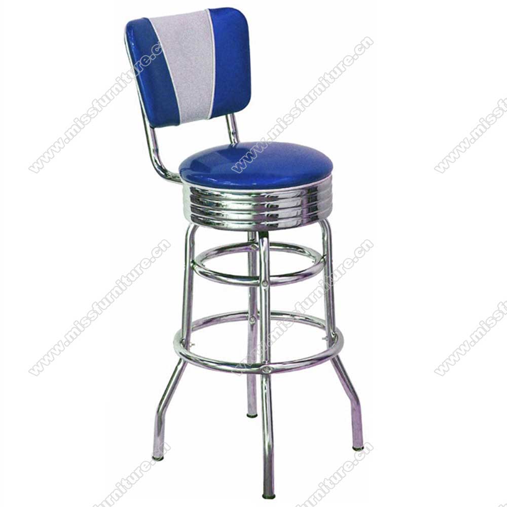 High quality blue/rubby V backrest restaurant steel 1950's bar stools, steel frame V shape backrest 50's restaurant retro bar stools for sale, American 1950s style retro diner bar stools furniture M-8815