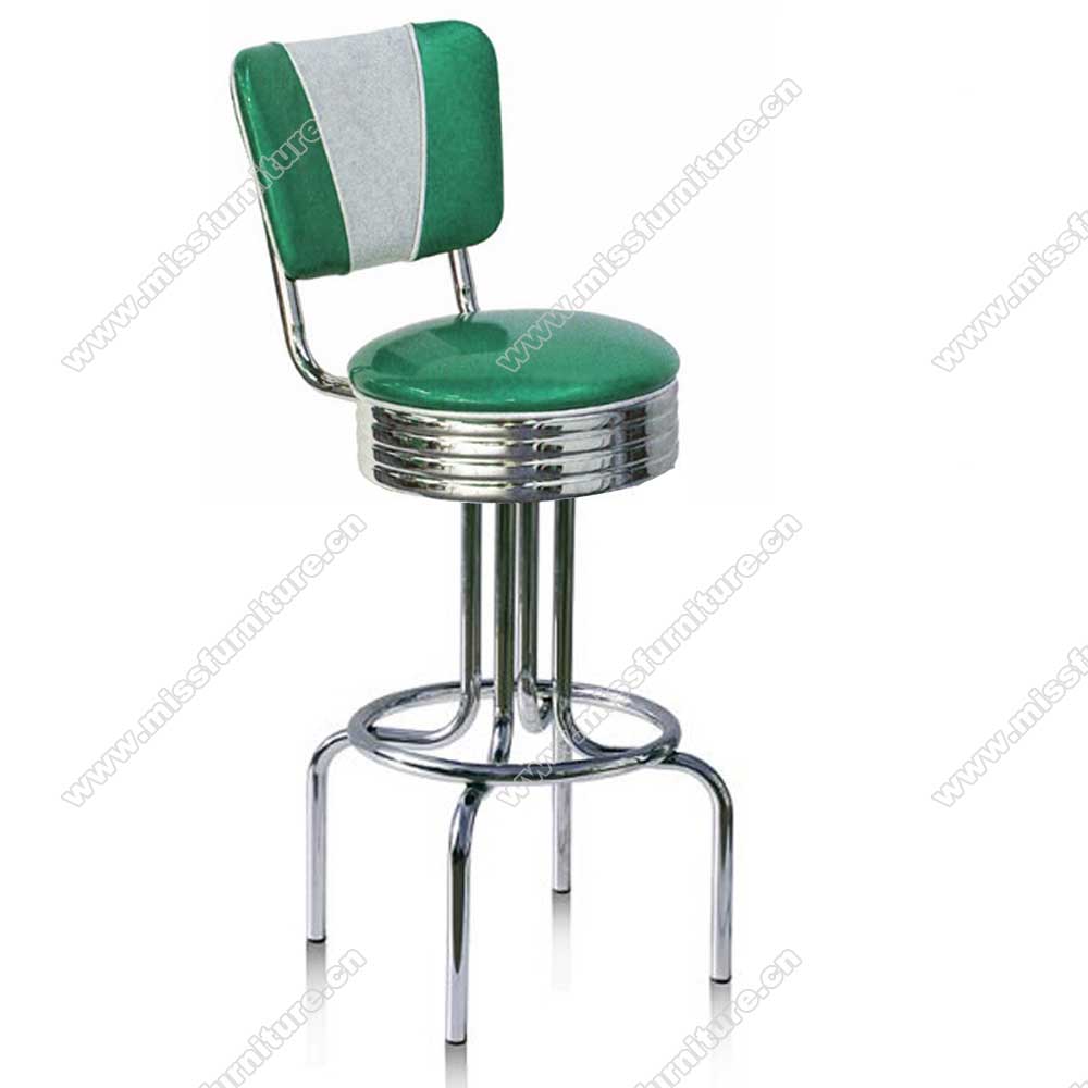 Round stainless steel with footer american club fifties retro bar stools, red/turquoise leather steel round american style 50s retro bar stools, American 1950s style retro diner bar stools furniture M-8816