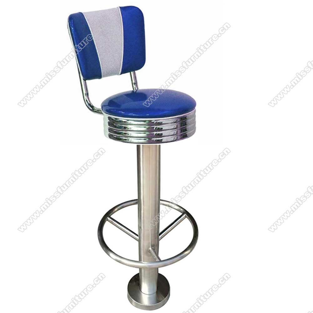 Fixed to floor steel round american style 50s rubby retro club stools, stainless steel round V back fixed to floor retro 50's bar stools furniture, American 1950s style retro diner bar stools furniture M-8819