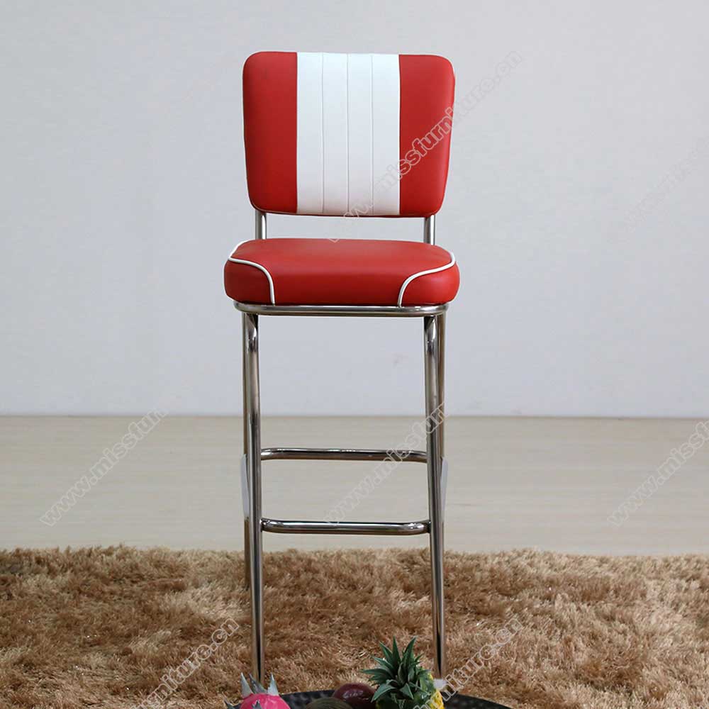 Red and white leather stripe back with piping american 50s bar chairs, red colour stainless steel frame midcentury american bar chairs furniture, American 1950s style retro diner bar stools furniture M-8823