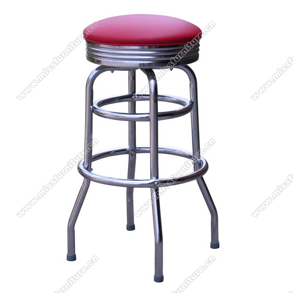 , American 1950s style retro diner bar stools furnitureRound seat red leather midcentury retro bar stools with steel frame, round stainless steel frame restaurant retro 1950s bar stools furniture M-8827