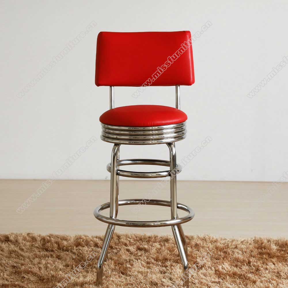 Red leather bent backrest stainless steel round retro 1950's bar stools, round steel red bent backrest american club 1950's retro bar stools, American 1950s style retro diner bar stools furniture M-8821